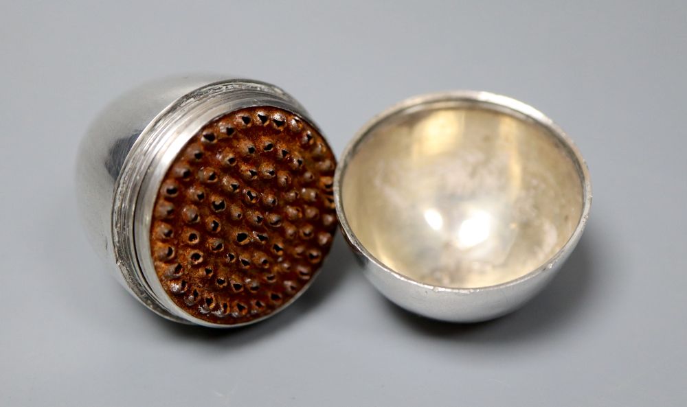A George III silver egg shaped nutmeg grater, Thomas Wilmore, Birmingham, 1798, 44mm.